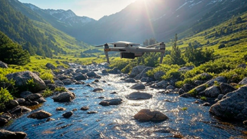 Productora Audiovisuales en Andorra, fotografia de un dron grabando paisajes con un rio de Andorra